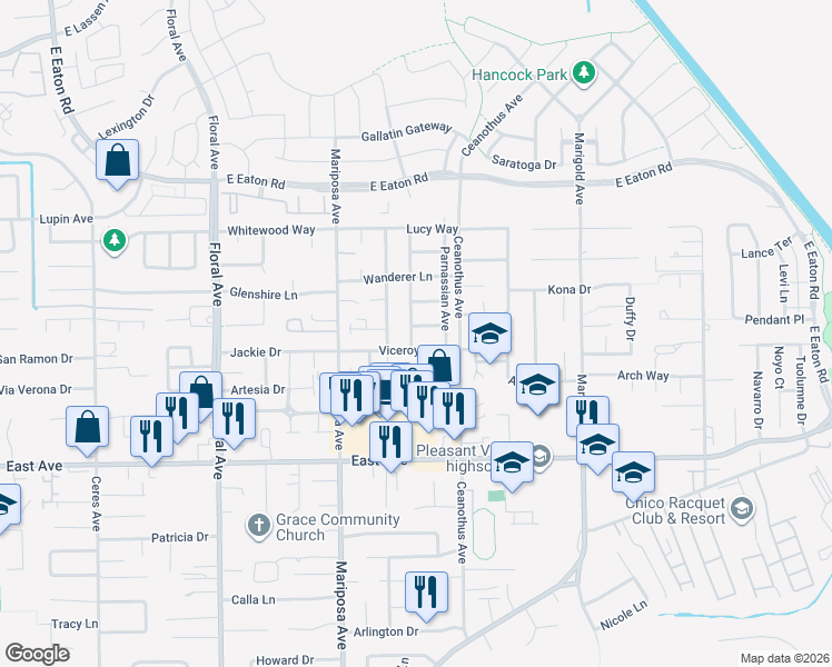 map of restaurants, bars, coffee shops, grocery stores, and more near 1153 Metalmark Way in Chico