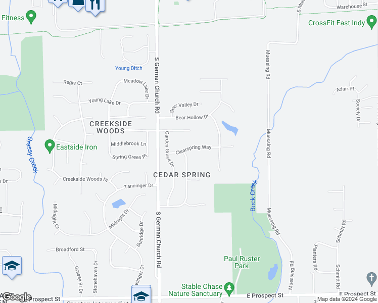 map of restaurants, bars, coffee shops, grocery stores, and more near 11109 Clearspring Way in Indianapolis