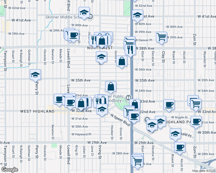 map of restaurants, bars, coffee shops, grocery stores, and more near 3137 West 34th Avenue in Denver