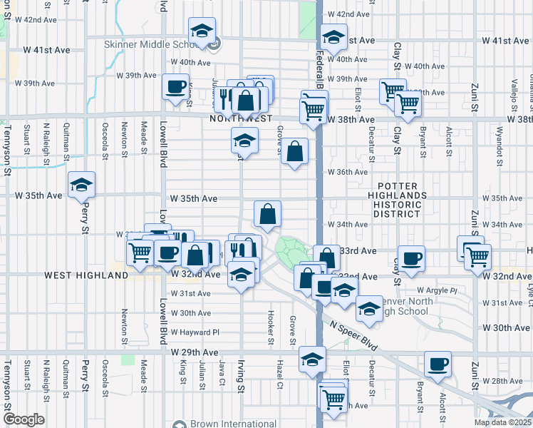 map of restaurants, bars, coffee shops, grocery stores, and more near 3137 West 34th Avenue in Denver