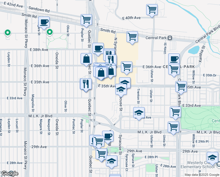map of restaurants, bars, coffee shops, grocery stores, and more near 7369 East 35th Avenue in Denver