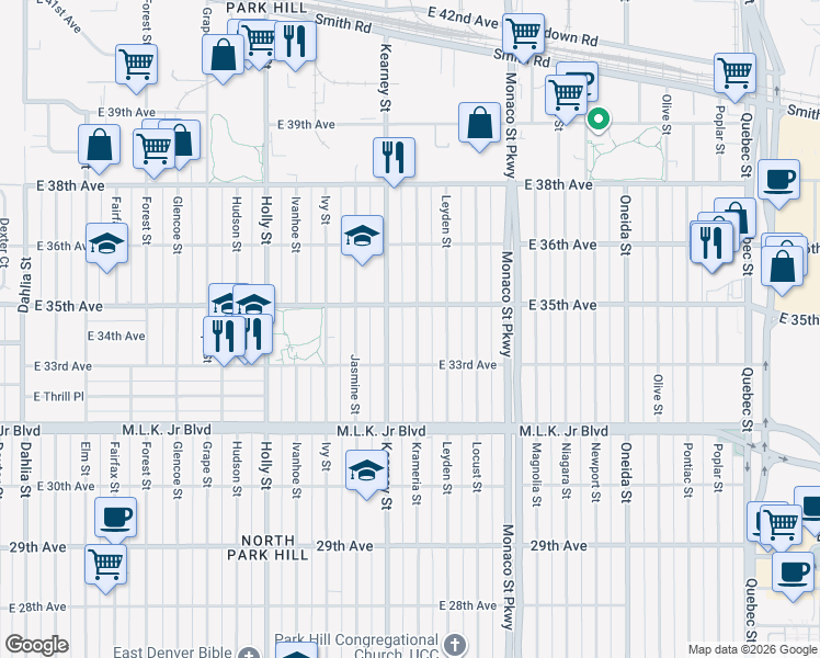 map of restaurants, bars, coffee shops, grocery stores, and more near 3370 Krameria Street in Denver