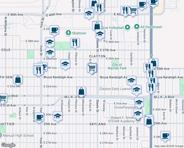 map of restaurants, bars, coffee shops, grocery stores, and more near 3427 Steele Street in Denver