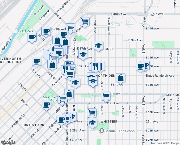 map of restaurants, bars, coffee shops, grocery stores, and more near 3419 Humboldt Street in Denver