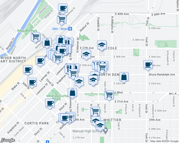 map of restaurants, bars, coffee shops, grocery stores, and more near 3419 Humboldt Street in Denver