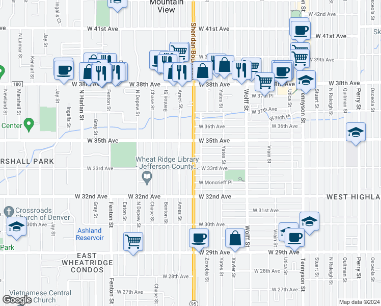 map of restaurants, bars, coffee shops, grocery stores, and more near 3409 Sheridan Boulevard in Wheat Ridge