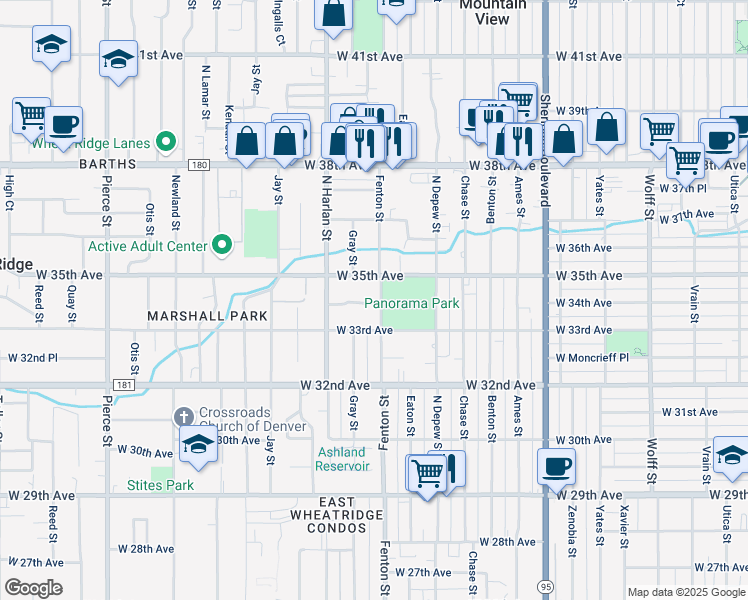 map of restaurants, bars, coffee shops, grocery stores, and more near Fenton Street in Wheat Ridge