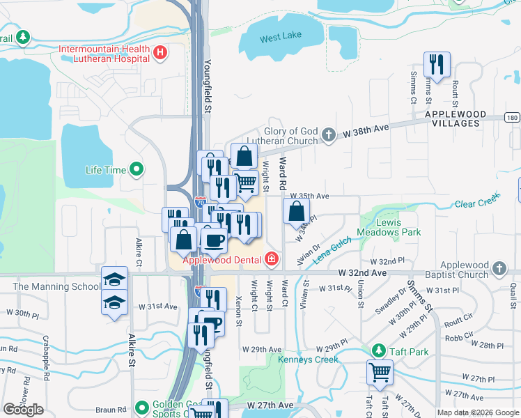 map of restaurants, bars, coffee shops, grocery stores, and more near 3435 Wright Street in Wheat Ridge