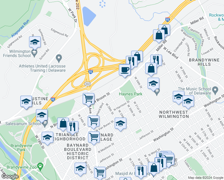 map of restaurants, bars, coffee shops, grocery stores, and more near 2901 Baynard Boulevard in Wilmington