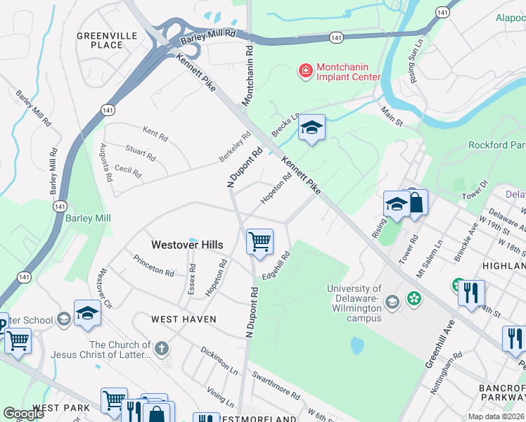 map of restaurants, bars, coffee shops, grocery stores, and more near 1001 Westover Road in Wilmington