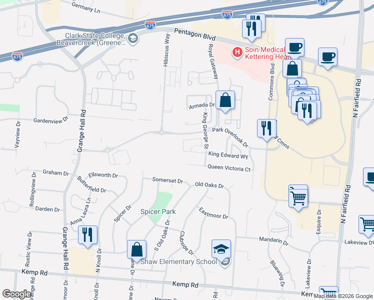 map of restaurants, bars, coffee shops, grocery stores, and more near 3627 King Edward Way in Dayton