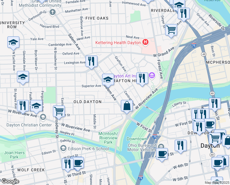 map of restaurants, bars, coffee shops, grocery stores, and more near 219 Salem Avenue in Dayton