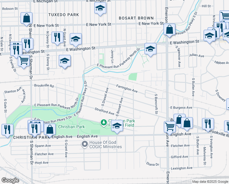 map of restaurants, bars, coffee shops, grocery stores, and more near 4610 Young Avenue in Indianapolis
