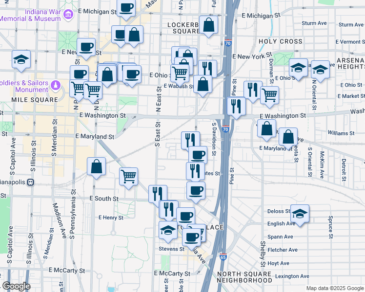 map of restaurants, bars, coffee shops, grocery stores, and more near 565 Pope Place in Indianapolis