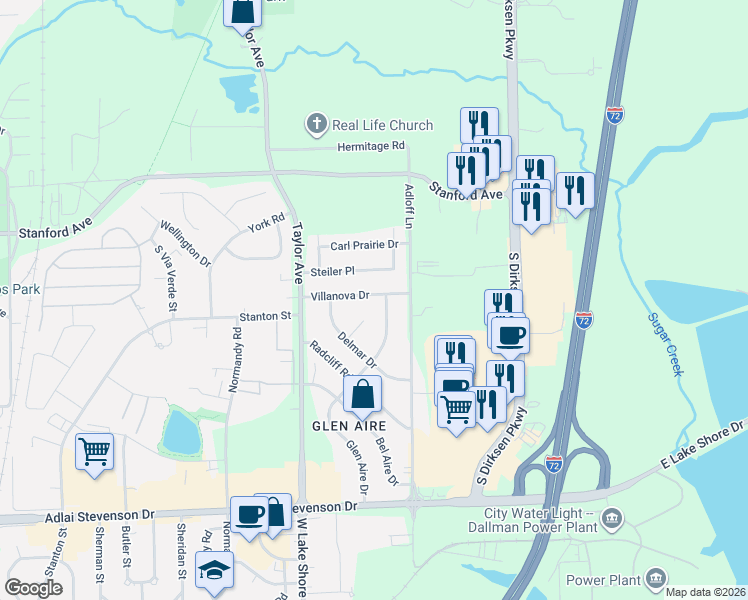 map of restaurants, bars, coffee shops, grocery stores, and more near 107-151 Glen Aire Dr in Springfield