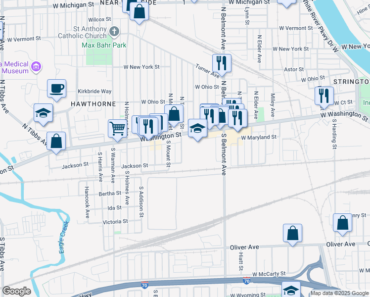 map of restaurants, bars, coffee shops, grocery stores, and more near 29 South Tremont Street in Indianapolis