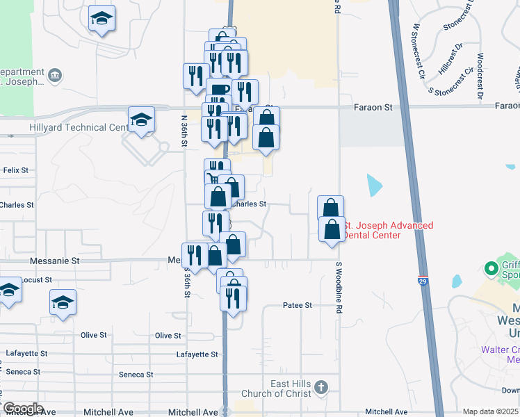 map of restaurants, bars, coffee shops, grocery stores, and more near 3738 Charles Street in Saint Joseph