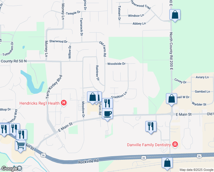 map of restaurants, bars, coffee shops, grocery stores, and more near 263 Old Farm Road in Danville