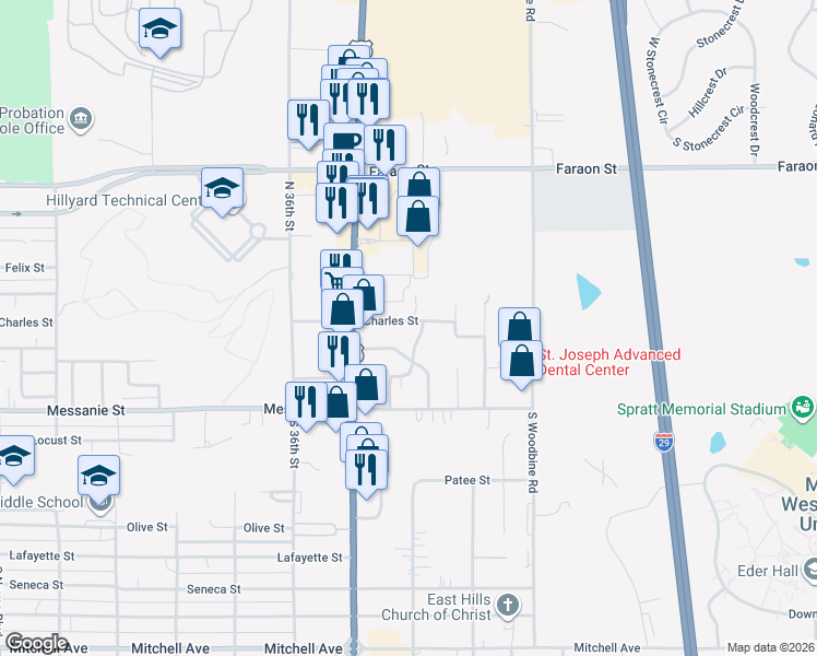 map of restaurants, bars, coffee shops, grocery stores, and more near 3738 Charles Street in Saint Joseph