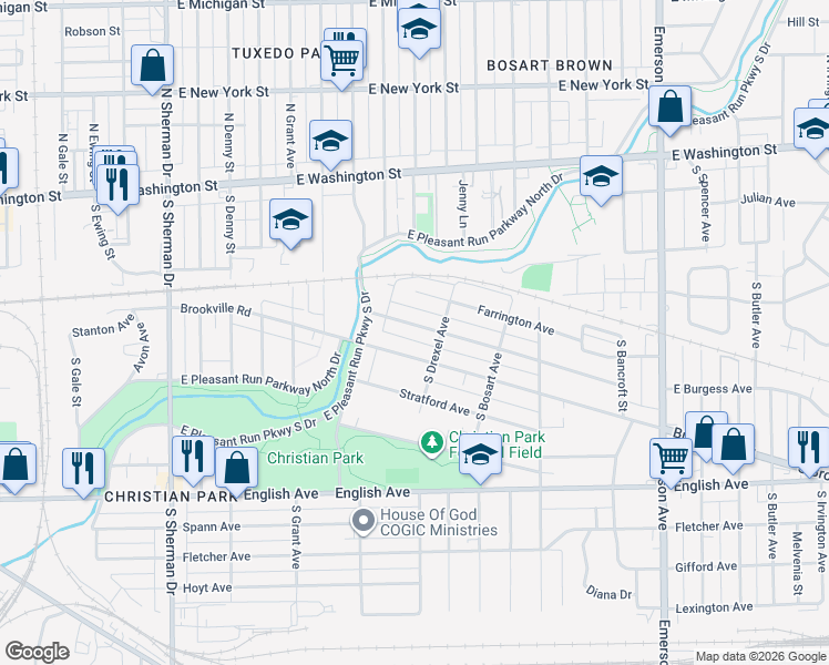 map of restaurants, bars, coffee shops, grocery stores, and more near 4547 Young Avenue in Indianapolis