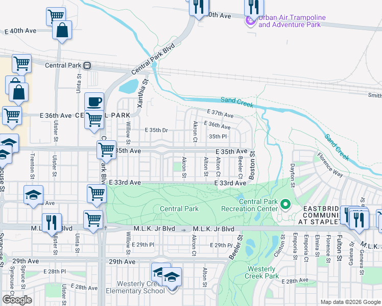 map of restaurants, bars, coffee shops, grocery stores, and more near 9036 East 35th Avenue in Denver