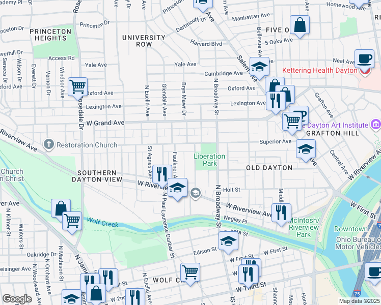 map of restaurants, bars, coffee shops, grocery stores, and more near 831 Ferguson Avenue in Dayton