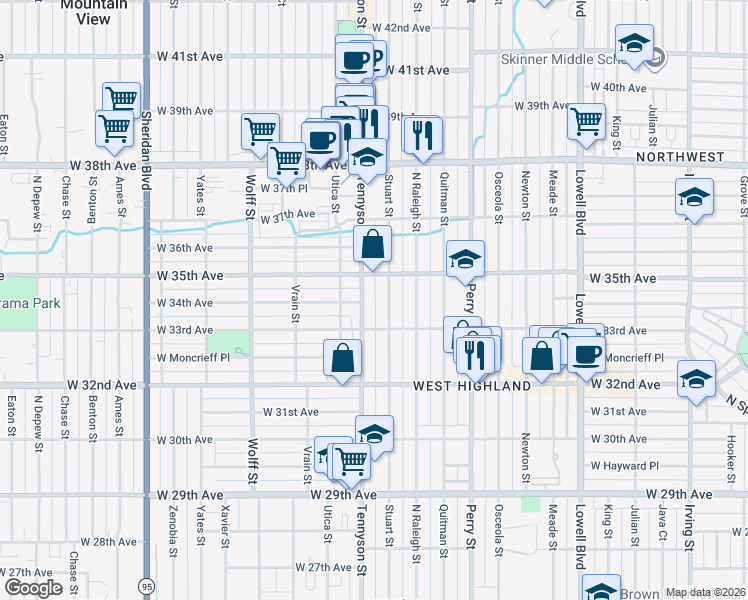 map of restaurants, bars, coffee shops, grocery stores, and more near 3400 Tennyson Street in Denver