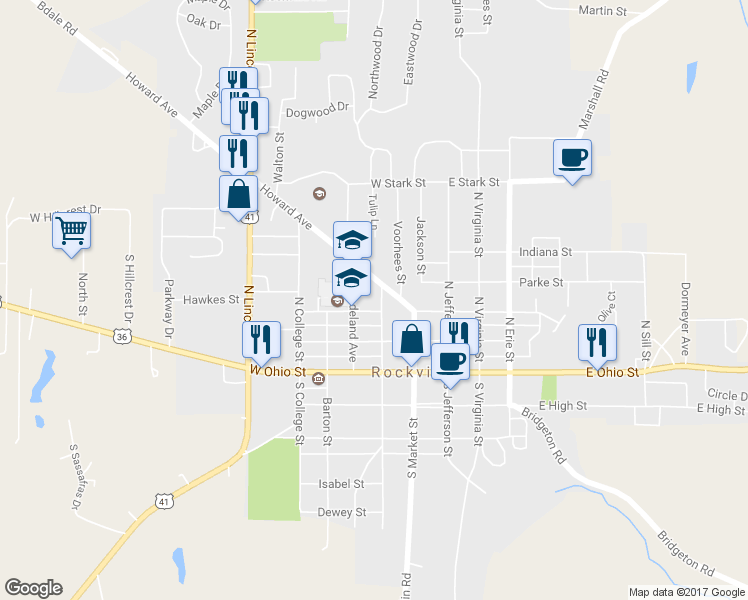 map of restaurants, bars, coffee shops, grocery stores, and more near 306 North Michigan Street in Rockville