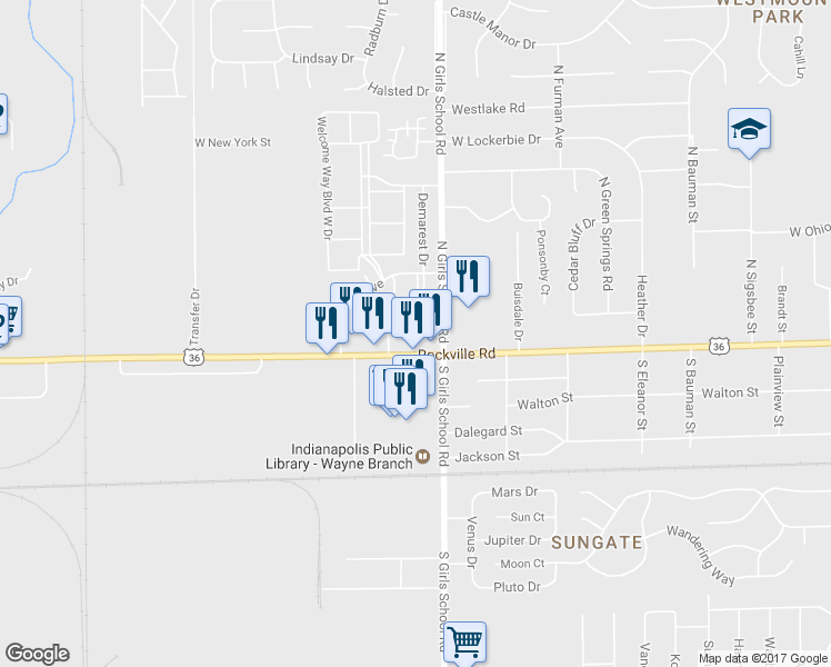 map of restaurants, bars, coffee shops, grocery stores, and more near 7336 Rockville Rd in Indianapolis