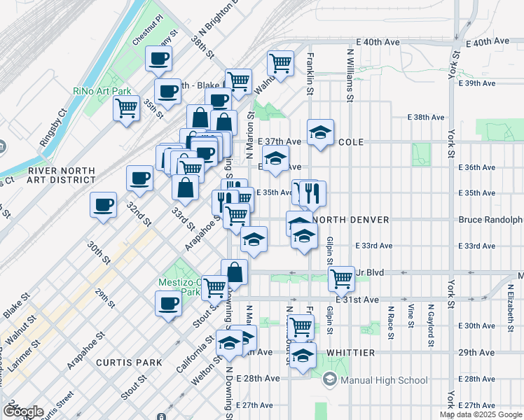 map of restaurants, bars, coffee shops, grocery stores, and more near 3419 North Lafayette Street in Denver