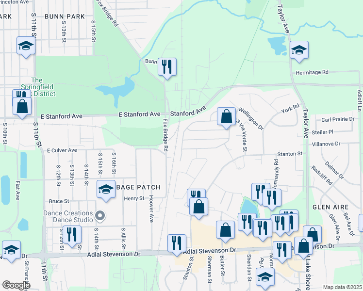 map of restaurants, bars, coffee shops, grocery stores, and more near Pacoima Drive in Springfield