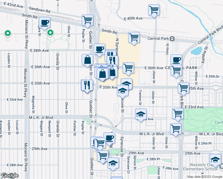 map of restaurants, bars, coffee shops, grocery stores, and more near 7500 East 35th Avenue in Denver