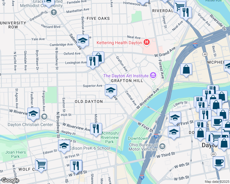 map of restaurants, bars, coffee shops, grocery stores, and more near 219 Salem Avenue in Dayton