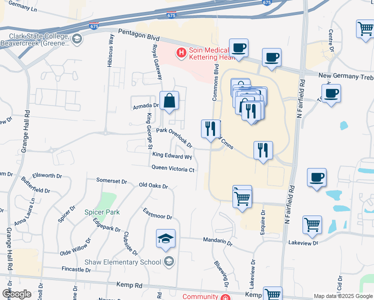 map of restaurants, bars, coffee shops, grocery stores, and more near 3484 King Edward Way in Beavercreek