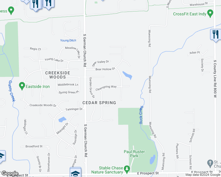 map of restaurants, bars, coffee shops, grocery stores, and more near 11145 Clearspring Way in Indianapolis