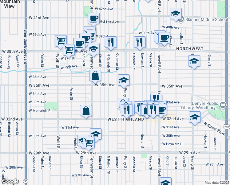 map of restaurants, bars, coffee shops, grocery stores, and more near 3353 Quitman Street in Denver
