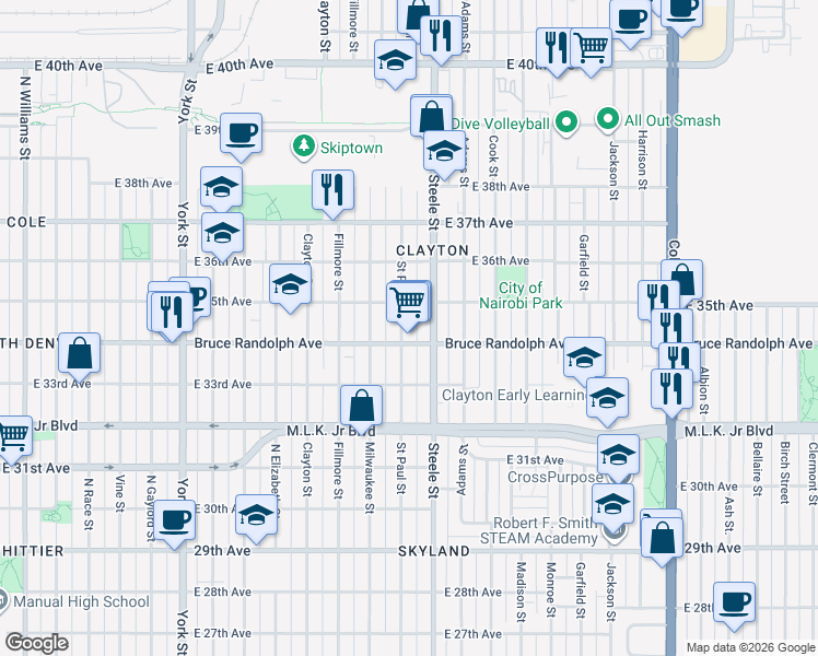 map of restaurants, bars, coffee shops, grocery stores, and more near 3427 Steele Street in Denver