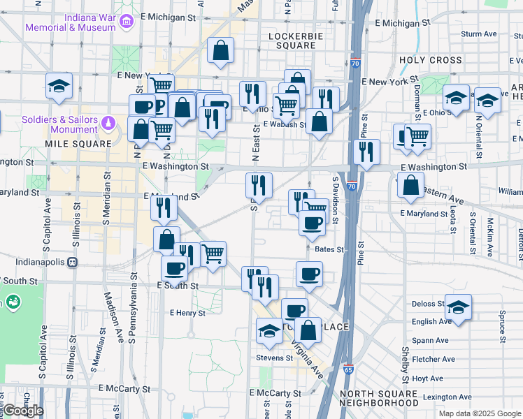 map of restaurants, bars, coffee shops, grocery stores, and more near 121 South East Street in Indianapolis