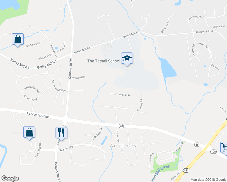 map of restaurants, bars, coffee shops, grocery stores, and more near 4913 Old Hill Road in Wilmington
