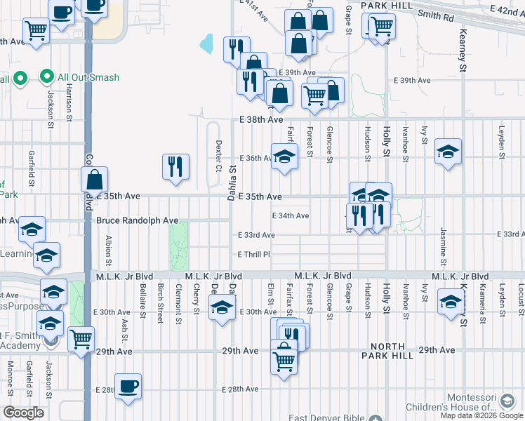 map of restaurants, bars, coffee shops, grocery stores, and more near 3421 Elm Street in Denver
