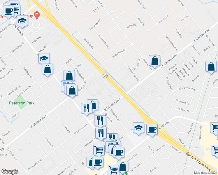 map of restaurants, bars, coffee shops, grocery stores, and more near 370 East Lassen Avenue in Chico