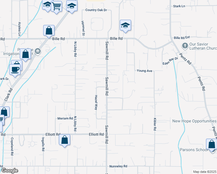 map of restaurants, bars, coffee shops, grocery stores, and more near 6020 Sawmill Road in Paradise
