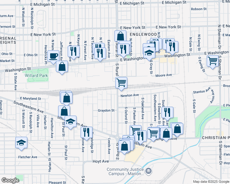 map of restaurants, bars, coffee shops, grocery stores, and more near 202 South Rural Street in Indianapolis