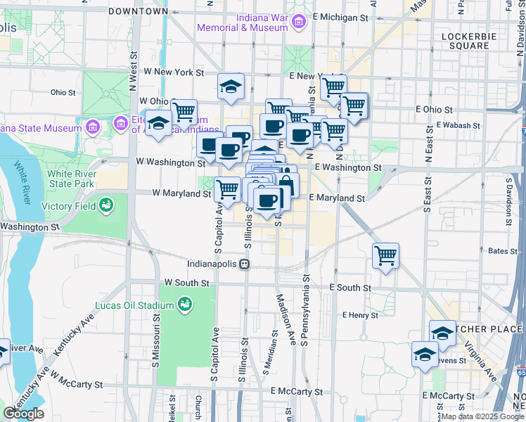 map of restaurants, bars, coffee shops, grocery stores, and more near 130 South Meridian Street in Indianapolis