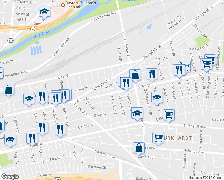 map of restaurants, bars, coffee shops, grocery stores, and more near 10 N Garfield St in Dayton