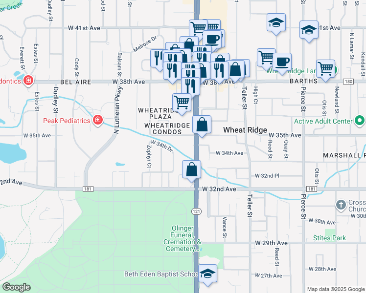 map of restaurants, bars, coffee shops, grocery stores, and more near 7608 West 35th Avenue in Wheat Ridge