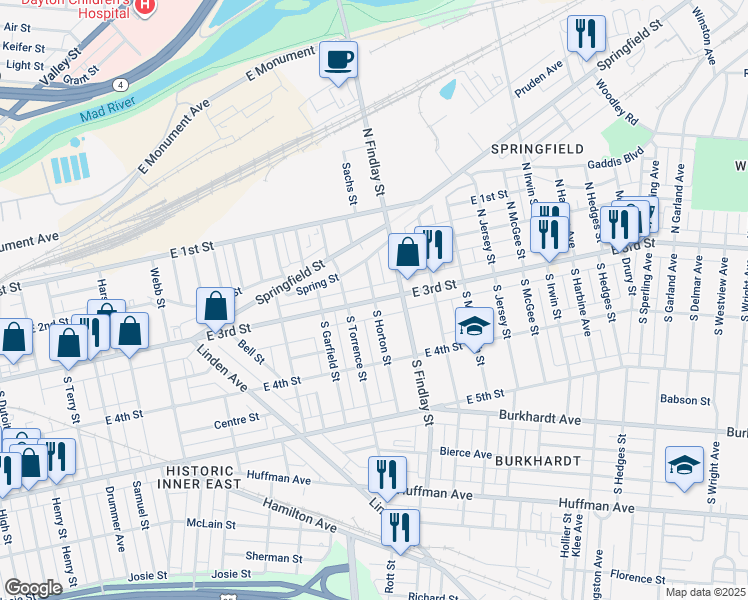 map of restaurants, bars, coffee shops, grocery stores, and more near East 3rd Street in Dayton