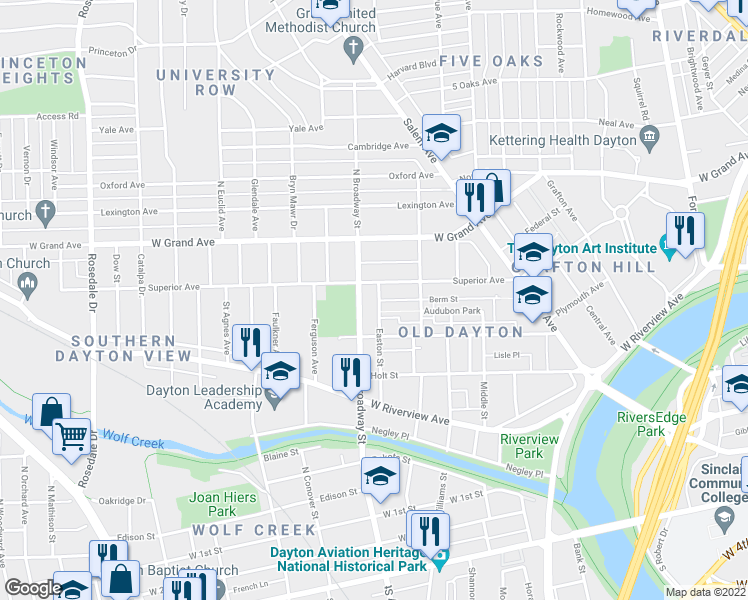 map of restaurants, bars, coffee shops, grocery stores, and more near 839 Easton Street in Dayton