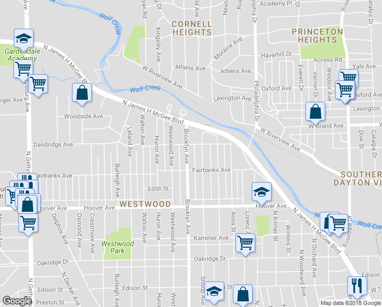 map of restaurants, bars, coffee shops, grocery stores, and more near 740 Brooklyn Avenue in Dayton