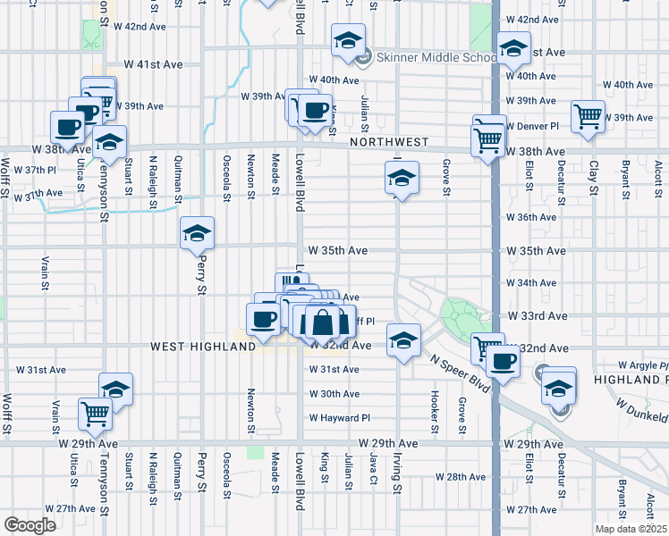 map of restaurants, bars, coffee shops, grocery stores, and more near 3425 West 34th Avenue in Denver